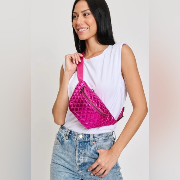 Moda Luxe Ariana Belt Bag – Metallic Quilted Fuchsia Vegan Leather - Picture 1 of 8